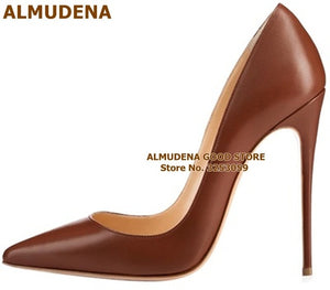 ALMUDENA Top Brand Nude Brown Wine Red Matte Leather High Heel Shoes Celebrity Popular Shallow Pumps 12cm Stiletto Heels Shoes