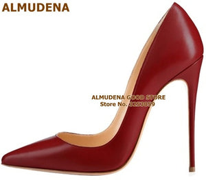 ALMUDENA Top Brand Nude Brown Wine Red Matte Leather High Heel Shoes Celebrity Popular Shallow Pumps 12cm Stiletto Heels Shoes