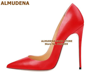 ALMUDENA Top Brand Nude Brown Wine Red Matte Leather High Heel Shoes Celebrity Popular Shallow Pumps 12cm Stiletto Heels Shoes