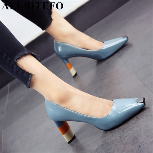ALLBITEFO Colored heel fashion women high heel shoes metal square toe girls party wedding shoes spring women pumps high heels